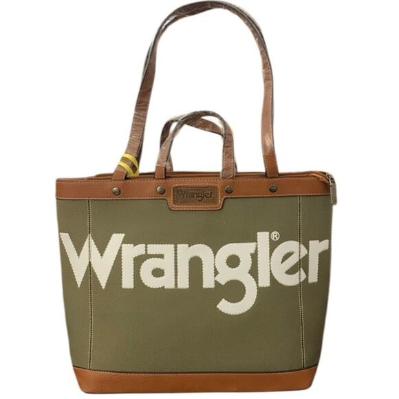 NWT Wrangler Leather Trim Canvas Tote Bag Shoulder Bag - Green - Picture 1 of 11